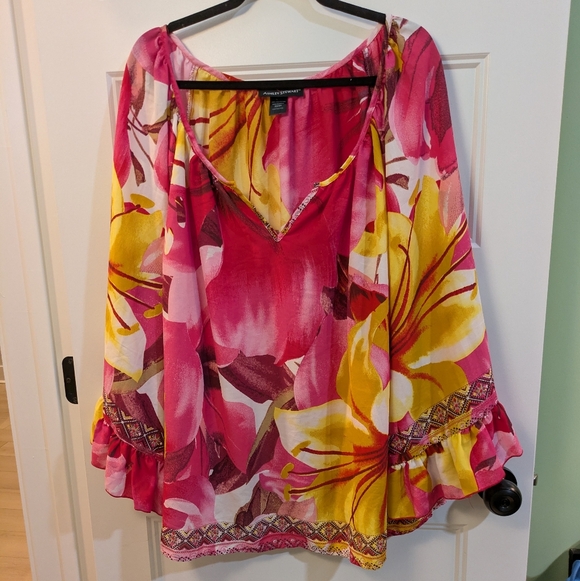 Ashley Stewart Tops - Ashley Stewart Floral V-Neck Ruffle Sleeve Blouse - Pink & Yellow